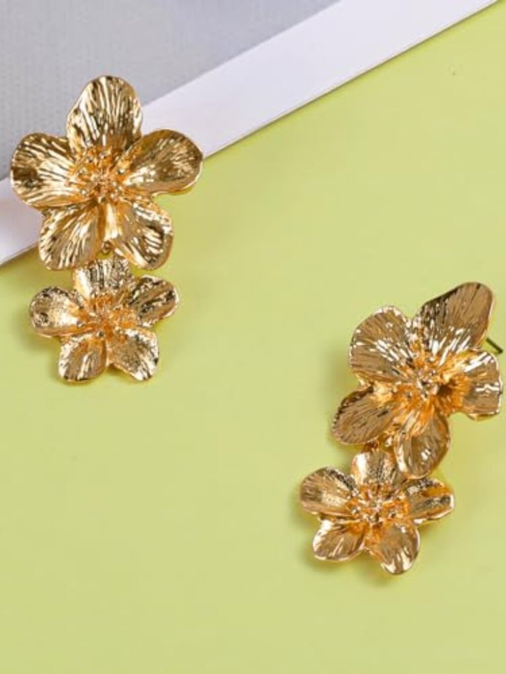 New - Gold Flower Earrings Double Flower Statement Earring for Women